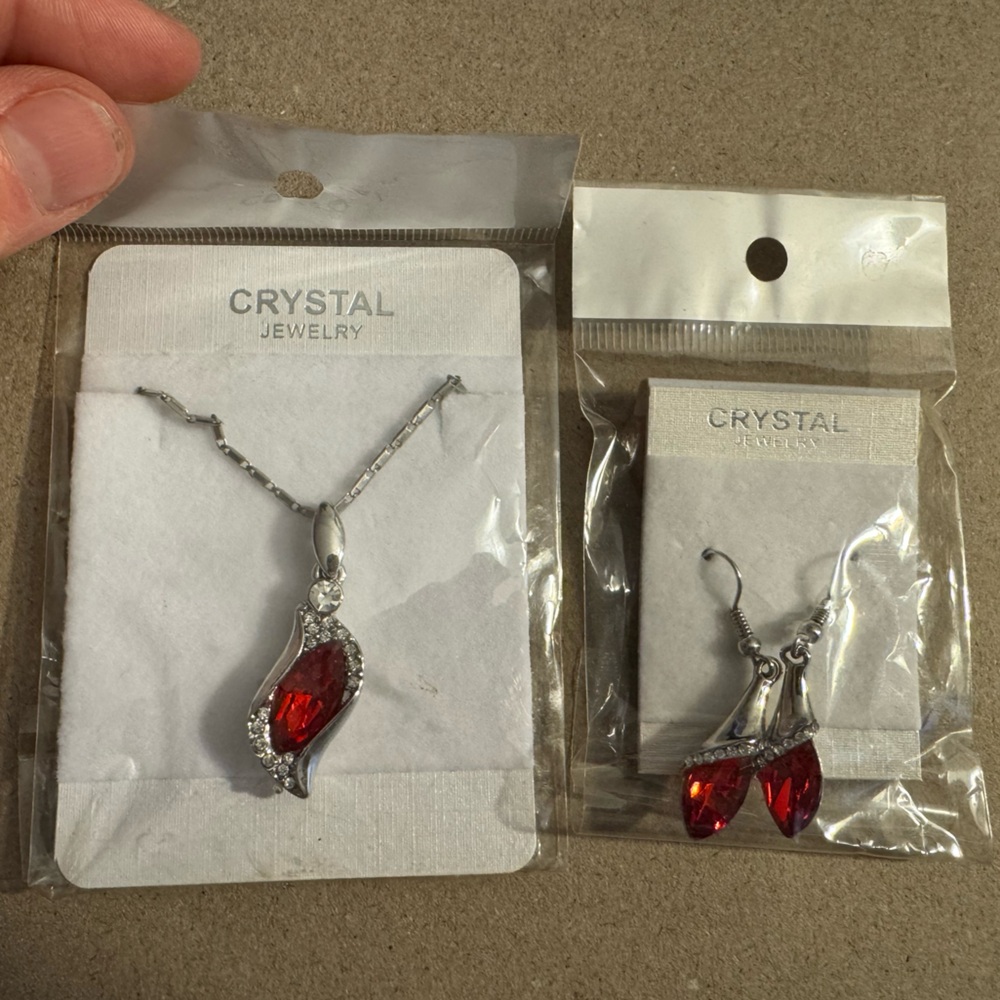 Red and Silver Tone Crystal Necklace and Earring Set